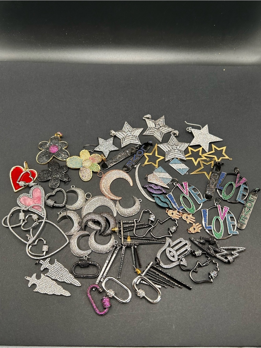 Mixed Assorted Lot Pave Sparkle Pendant & Earring Charms Multicolor 281 g